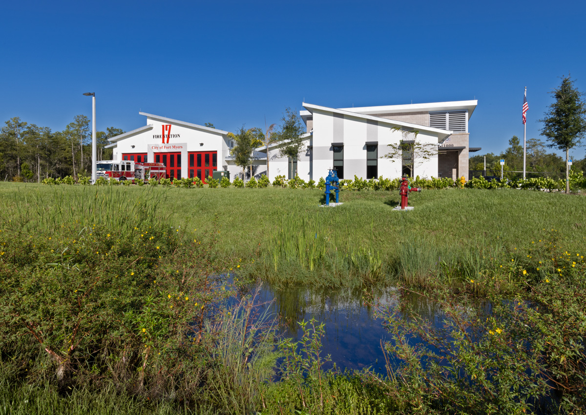 Architectural landscape view of the Fire and Rescue Station 17 Fort Myers, FL.
